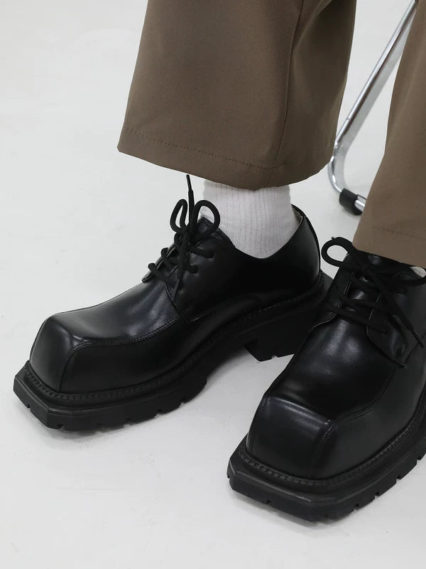 Square Toe Thick Sole Leather Derby Shoes 3