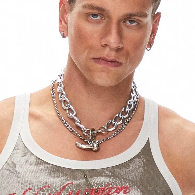 5936951962061, Stainless Steel Skull Layered Chain Necklace
