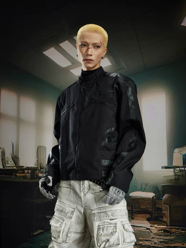 Stand Collar Colorblock Leather Motorcycle Jacket 2