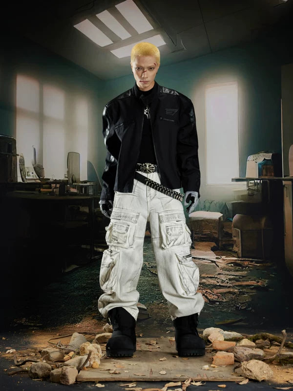 Stand Collar Colorblock Leather Motorcycle Jacket 5