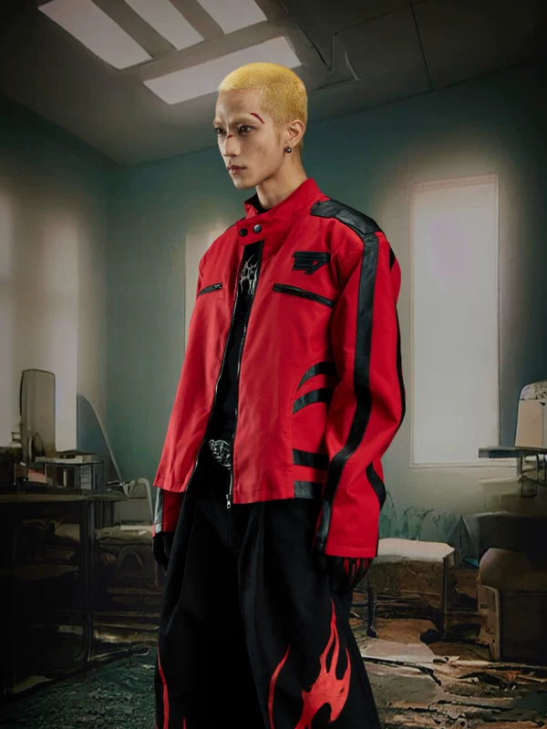 6101703626818,6101703626819,6101703626820, Stand Collar Colorblock Leather Motorcycle Jacket