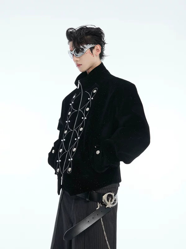 Stand Collar Embellished Loose Fit Jacket 1