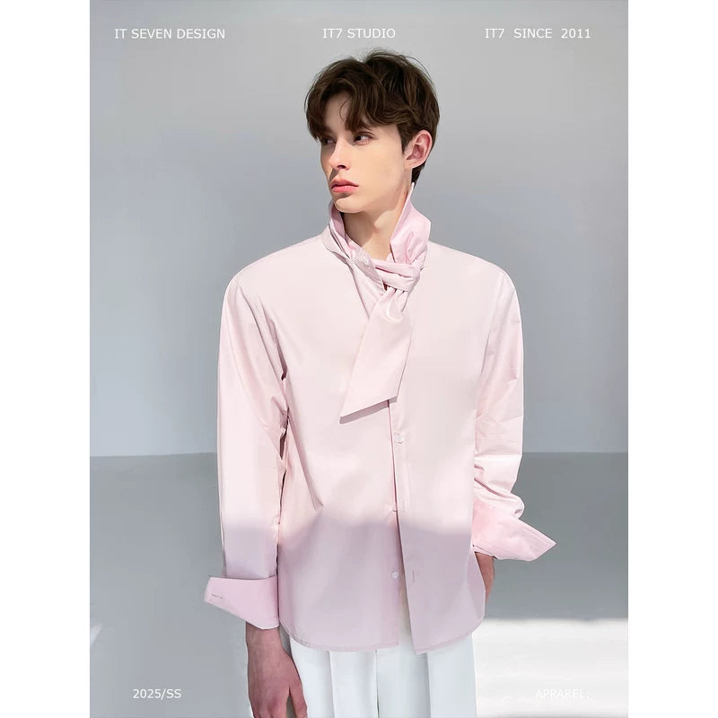 Stand Collar Long Sleeve Shirt with Necktie 1