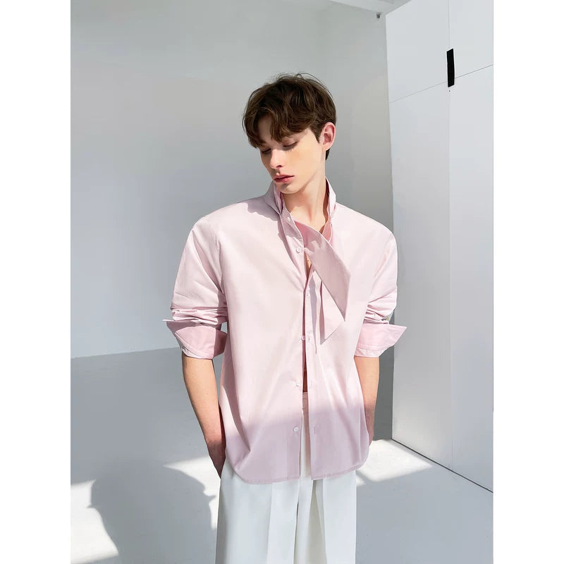 Stand Collar Long Sleeve Shirt with Necktie 4