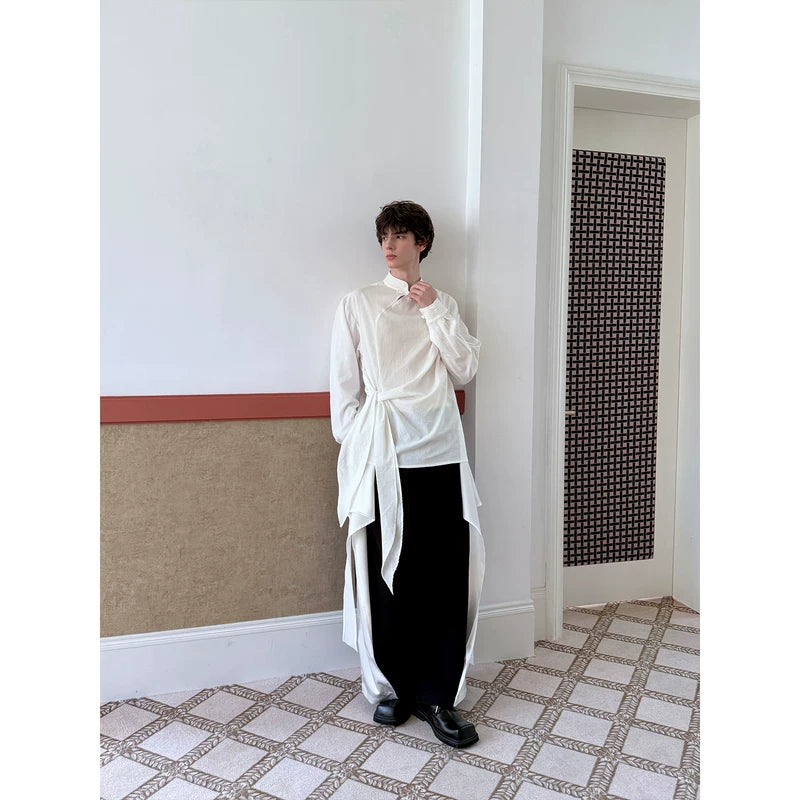 Stand Collar Long Sleeve Shirt with Side Ribbon 2