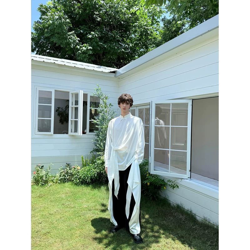 Stand Collar Long Sleeve Shirt with Side Ribbon 5