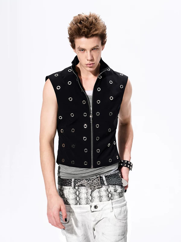 Stand Collar Metallic Eyelet Slim Vest 1