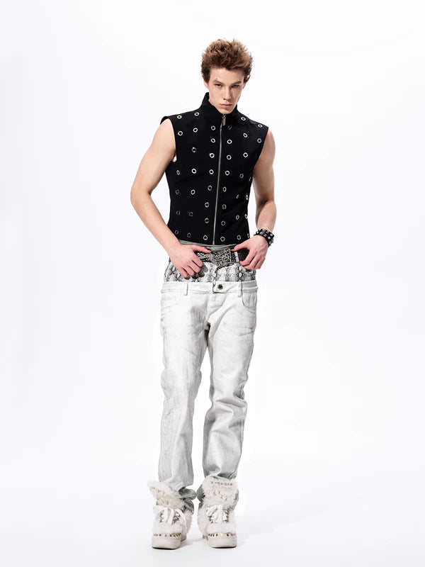 Stand Collar Metallic Eyelet Slim Vest 4