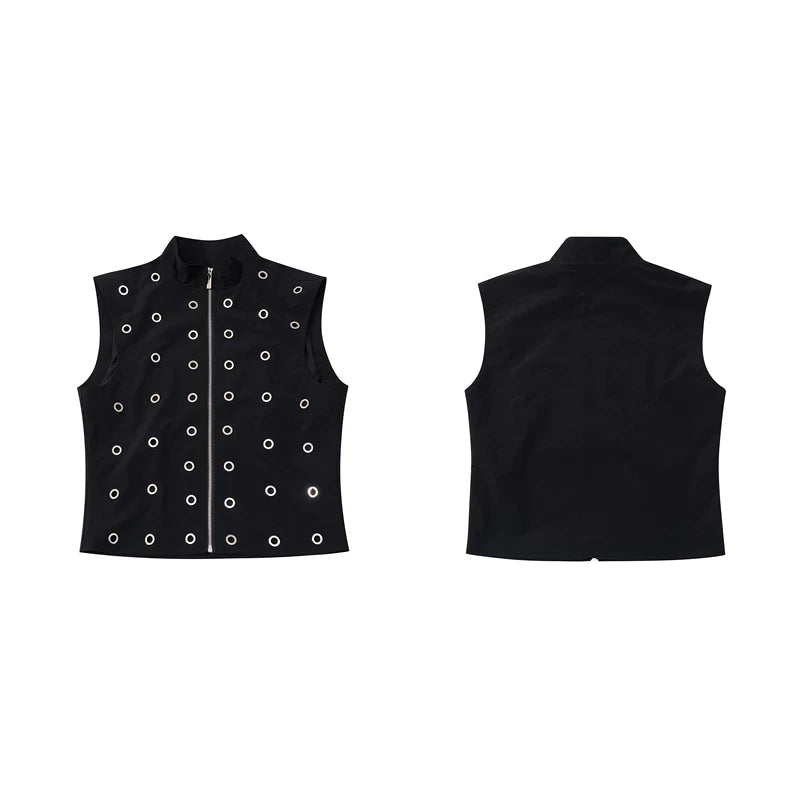 6260027154797,6260027154798,6260027154799,6260027154800, Stand Collar Metallic Eyelet Slim Vest