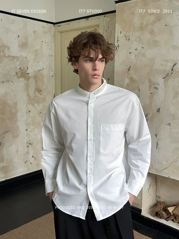 Stand Collar Pearl Trim Casual Shirt 1