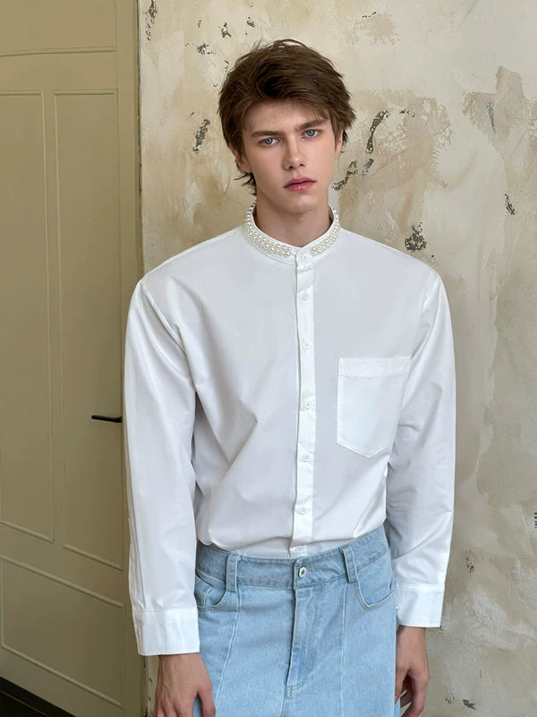 Stand Collar Pearl Trim Casual Shirt 4