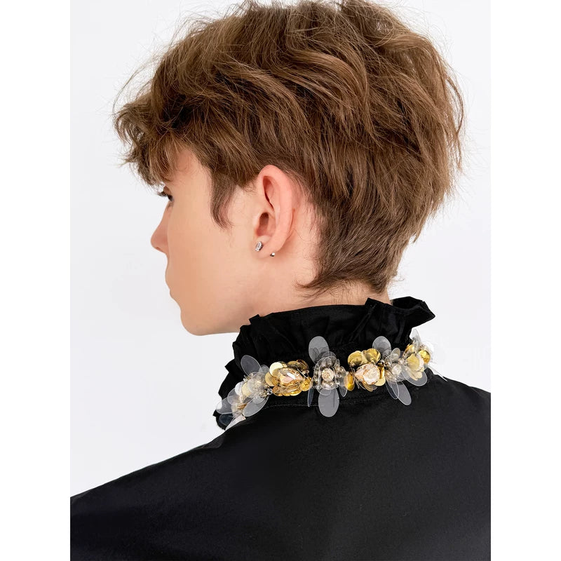 Stand Collar Ruffled Long Sleeve Shirt 2