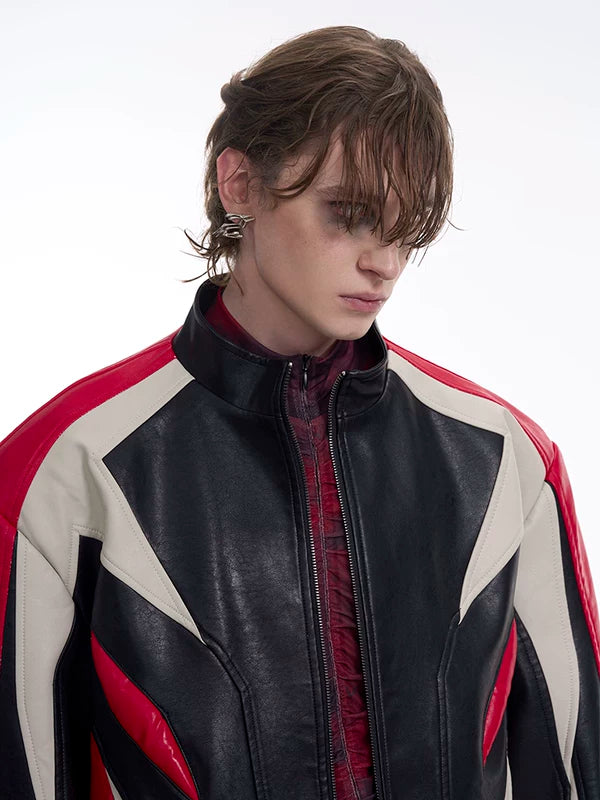 Stand-Up Collar Color-Blocked Leather Motorcycle Jacket 2