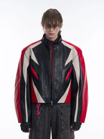 Stand-Up Collar Color-Blocked Leather Motorcycle Jacket 3