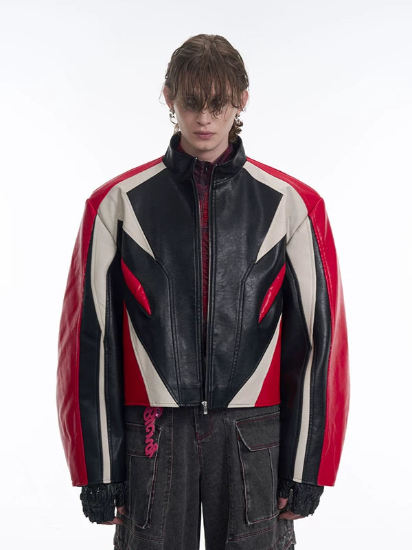 Stand-Up Collar Color-Blocked Leather Motorcycle Jacket 3