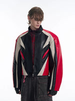 Stand-Up Collar Color-Blocked Leather Motorcycle Jacket 4