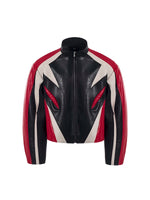 Stand-Up Collar Color-Blocked Leather Motorcycle Jacket 5