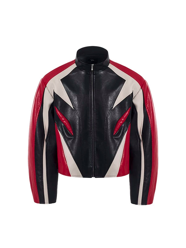 Stand-Up Collar Color-Blocked Leather Motorcycle Jacket 5