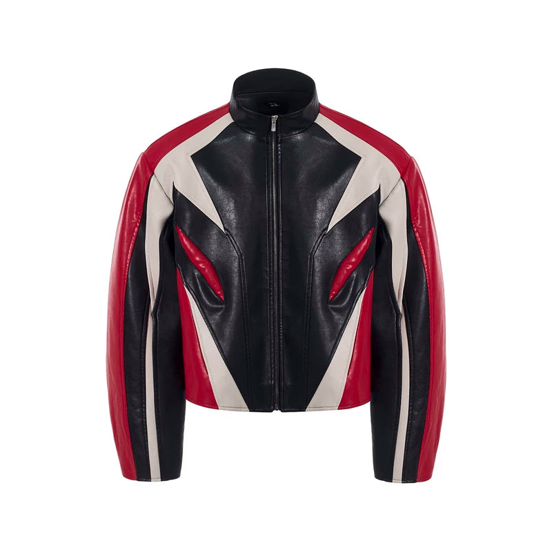 5881771978715,5881771978716,5881771978717,5881771978718, Stand-Up Collar Color-Blocked Leather Motorcycle Jacket