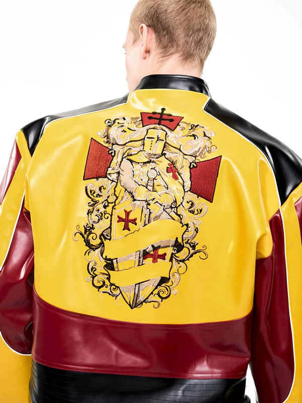 Stand-Up Collar Embroidered Motorcycle Leather Jacket 2