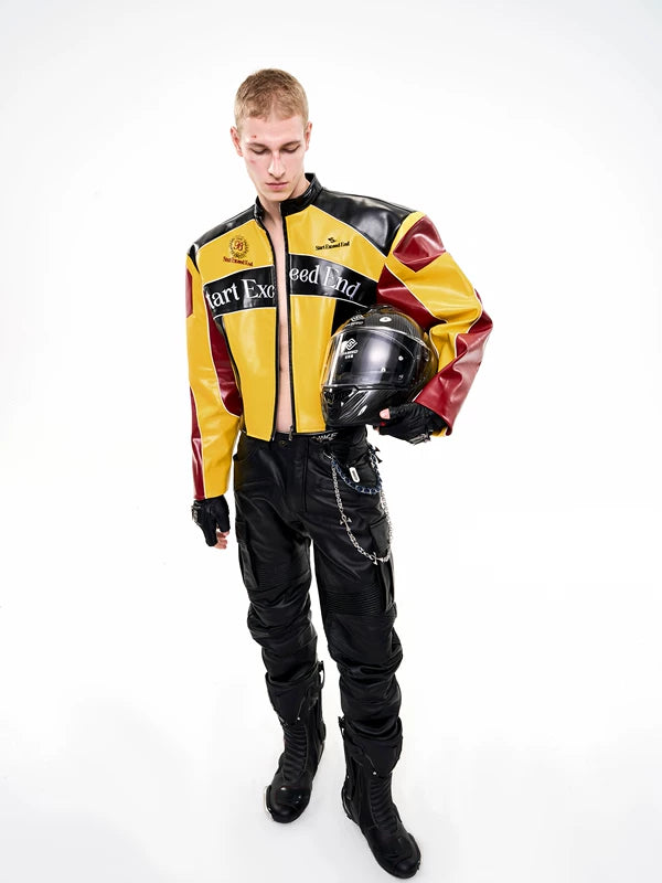 Stand-Up Collar Embroidered Motorcycle Leather Jacket 3