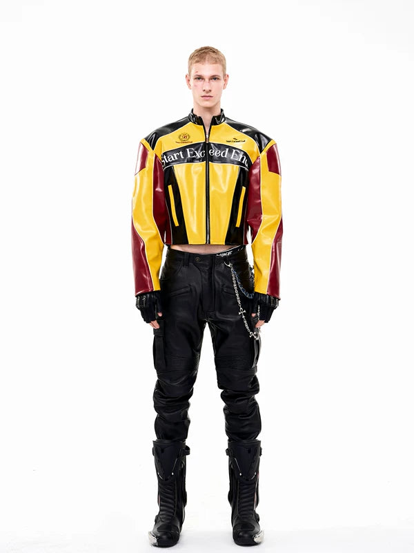Stand-Up Collar Embroidered Motorcycle Leather Jacket 4