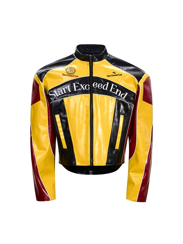 Stand-Up Collar Embroidered Motorcycle Leather Jacket 5