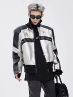 Stand-Up Collar Padded Shoulder Leather Jacket 2