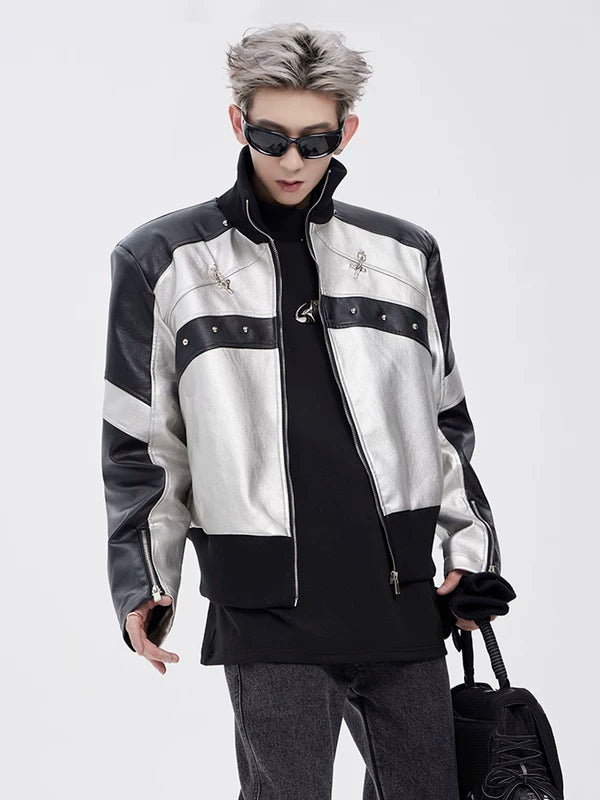 Stand-Up Collar Padded Shoulder Leather Jacket 2