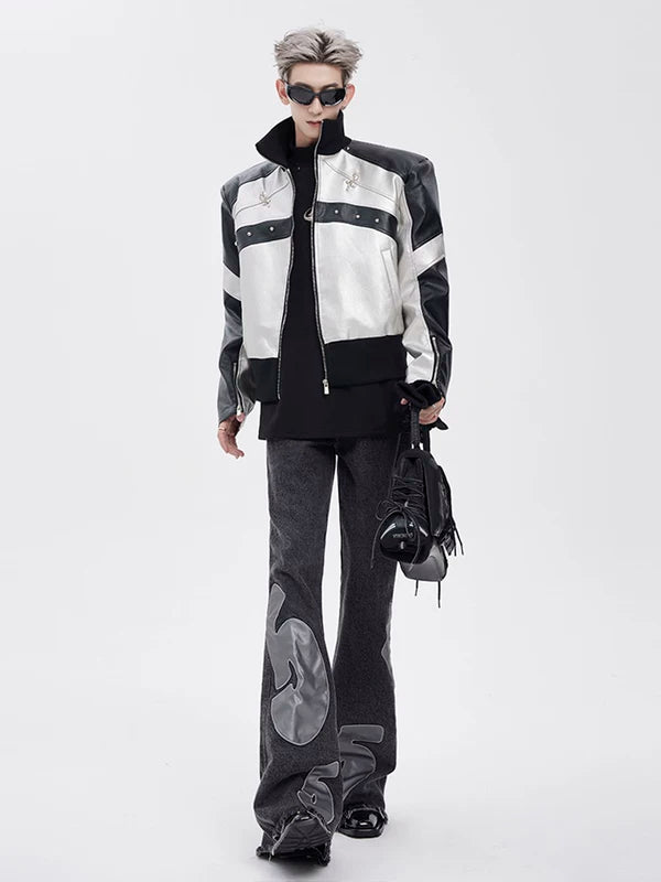 Stand-Up Collar Padded Shoulder Leather Jacket 3