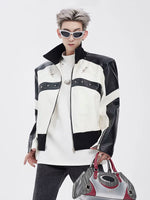 Stand-Up Collar Padded Shoulder Leather Jacket 5