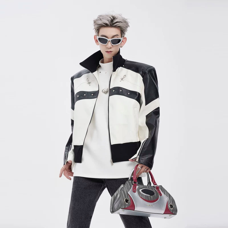 5101401113822,5101401113823,5101401113824, Stand-Up Collar Padded Shoulder Leather Jacket