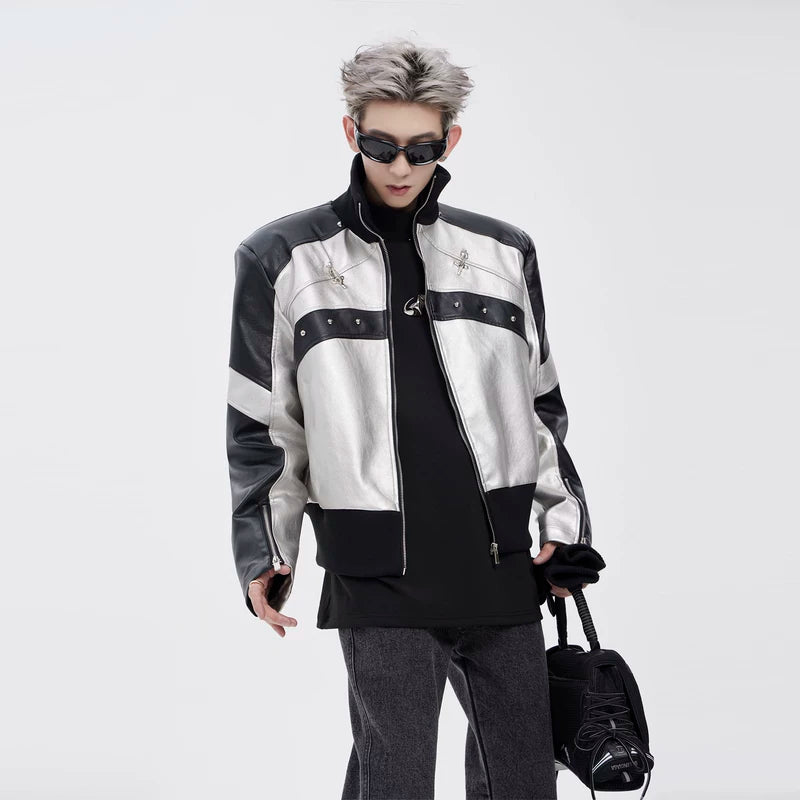 5101401113825,5101401113826,5101401113827, Stand-Up Collar Padded Shoulder Leather Jacket