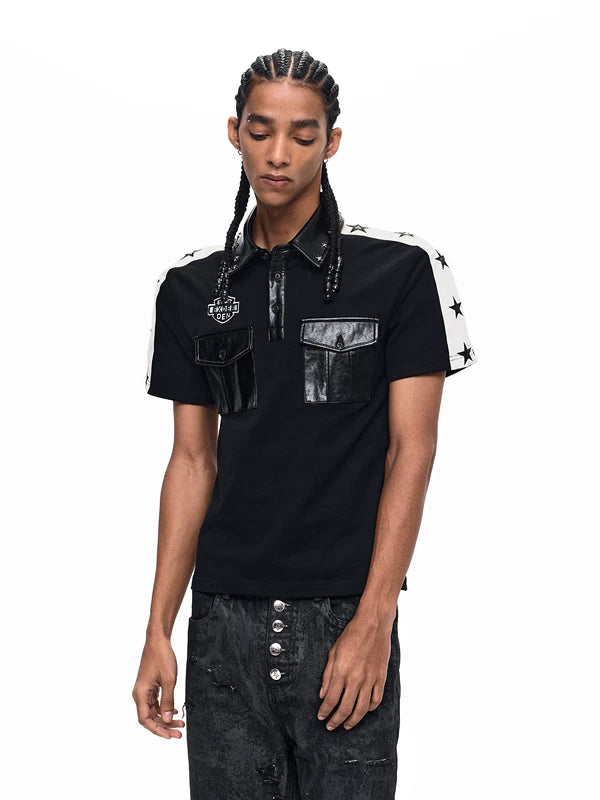 Star Patchwork Leather Trim Polo Shirt 2