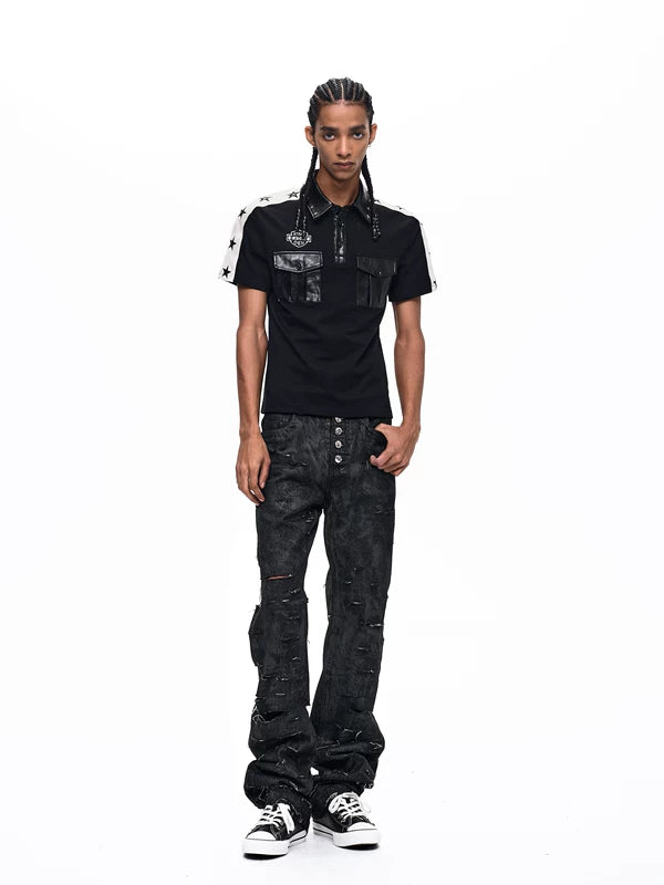 Star Patchwork Leather Trim Polo Shirt 4
