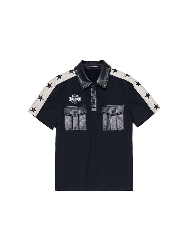 Star Patchwork Leather Trim Polo Shirt 5