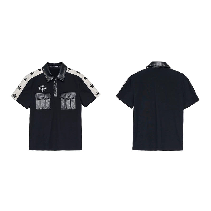 6062513965568,6062513965569,6062513965570,6062513965571, Star Patchwork Leather Trim Polo Shirt