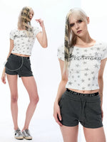 Star Print Rhinestone Short-Sleeve Crop Top 1