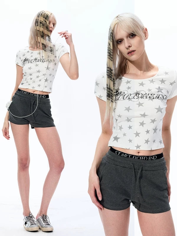 Star Print Rhinestone Short-Sleeve Crop Top 1