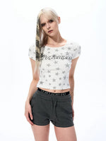 Star Print Rhinestone Short-Sleeve Crop Top 2