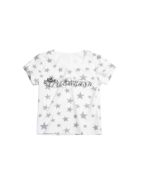Star Print Rhinestone Short-Sleeve Crop Top 5