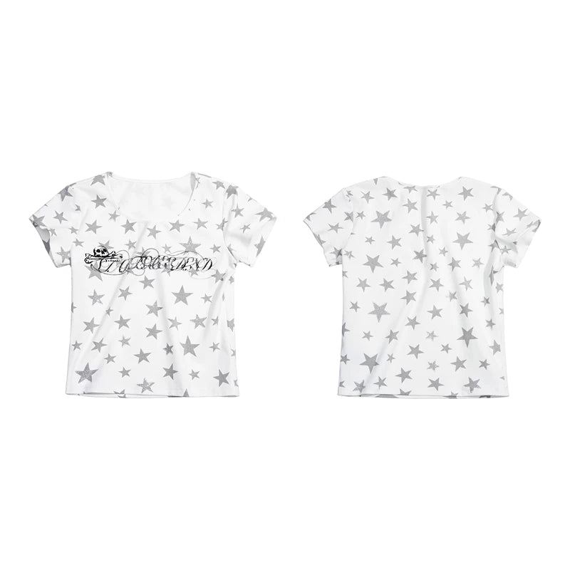 6244491555695,6244491555696,6244491555697,6244491555698, Star Print Rhinestone Short-Sleeve Crop Top