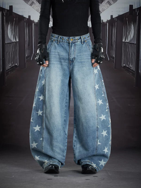 Star Print Ultra Wide-Leg Denim Pants 1
