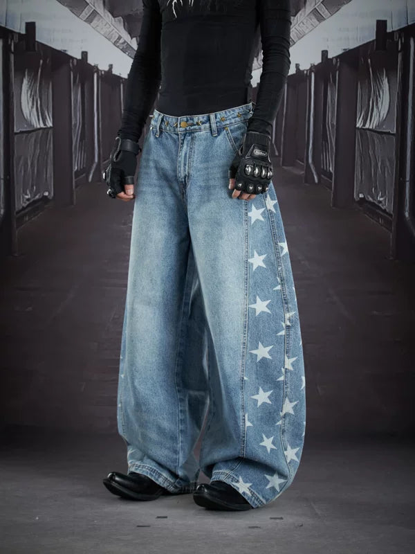 Star Print Ultra Wide-Leg Denim Pants 4