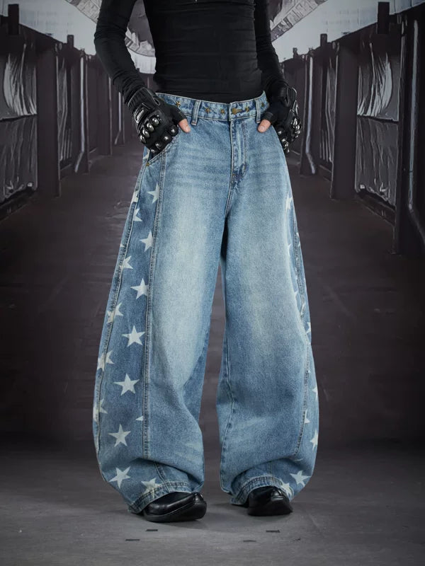 Star Print Ultra Wide-Leg Denim Pants 5