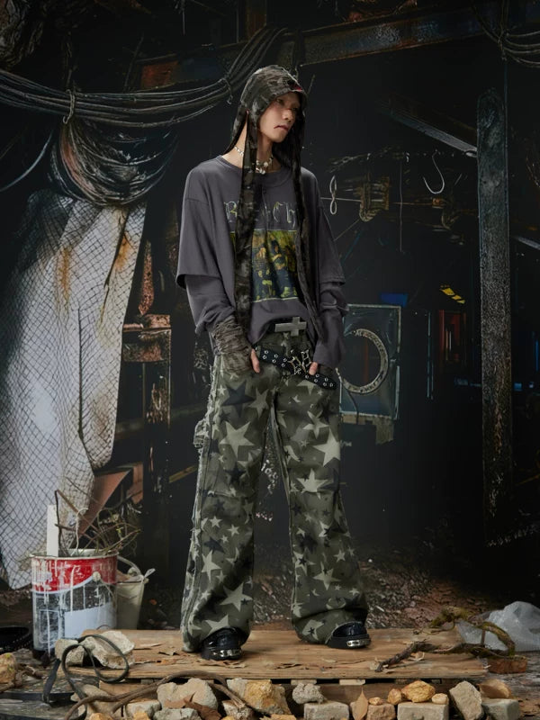 Star Print Wide Leg Cargo Pants 5
