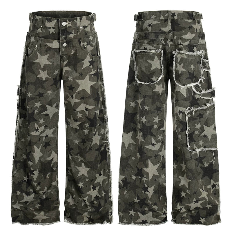 6197749379306,6197749379307,6197749379308,6197749379309, Star Print Wide Leg Cargo Pants