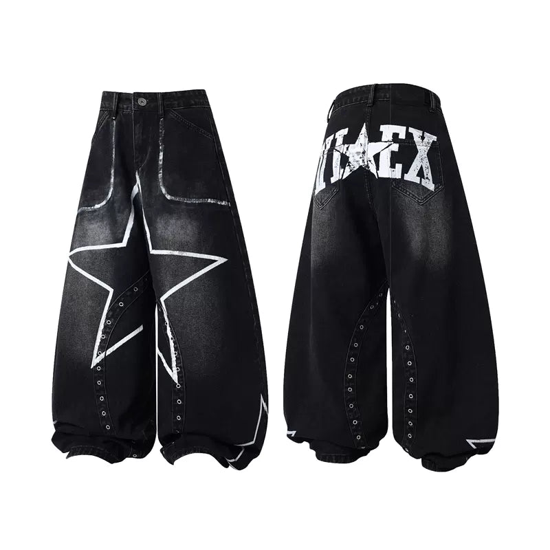 6259644422788,6259644422789,6259644422790,6259644422791, Star Rivet Distressed Wide-Leg Jeans