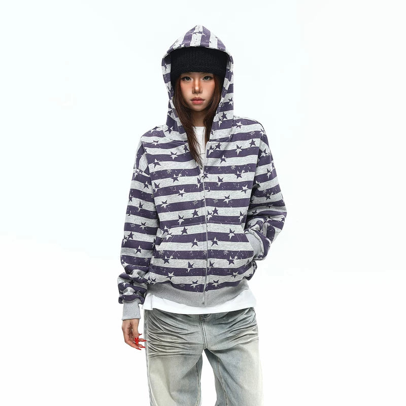 6190943390164,6190943390165,6190943390166, Star Stripe Zip-Up Hooded Sweatshirt