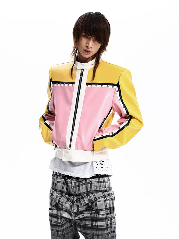 Star Studded Color Block Leather Jacket 1